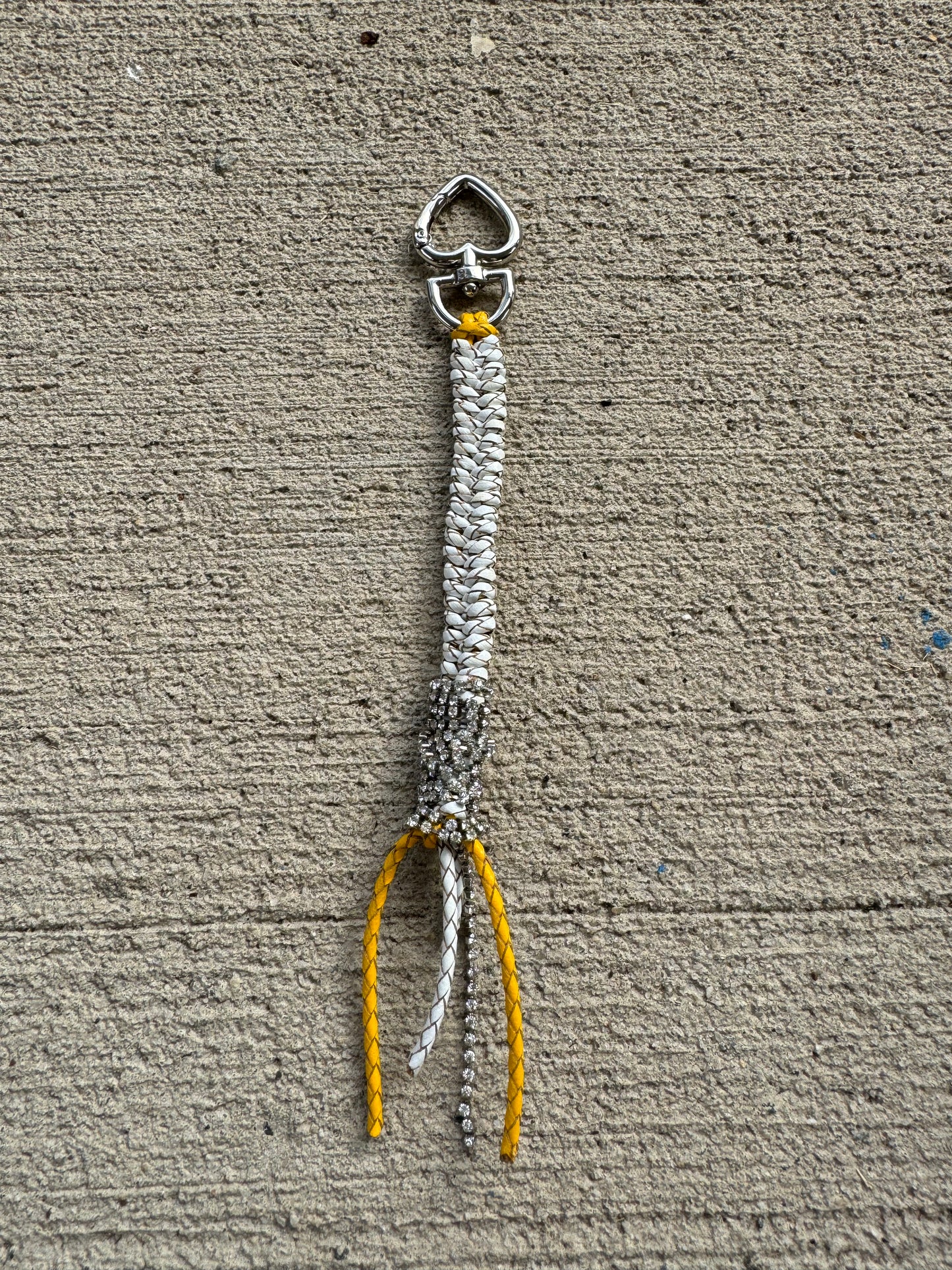 WHITE YELLOW & CRYSTAL LEATHER BRAID Bag Charm